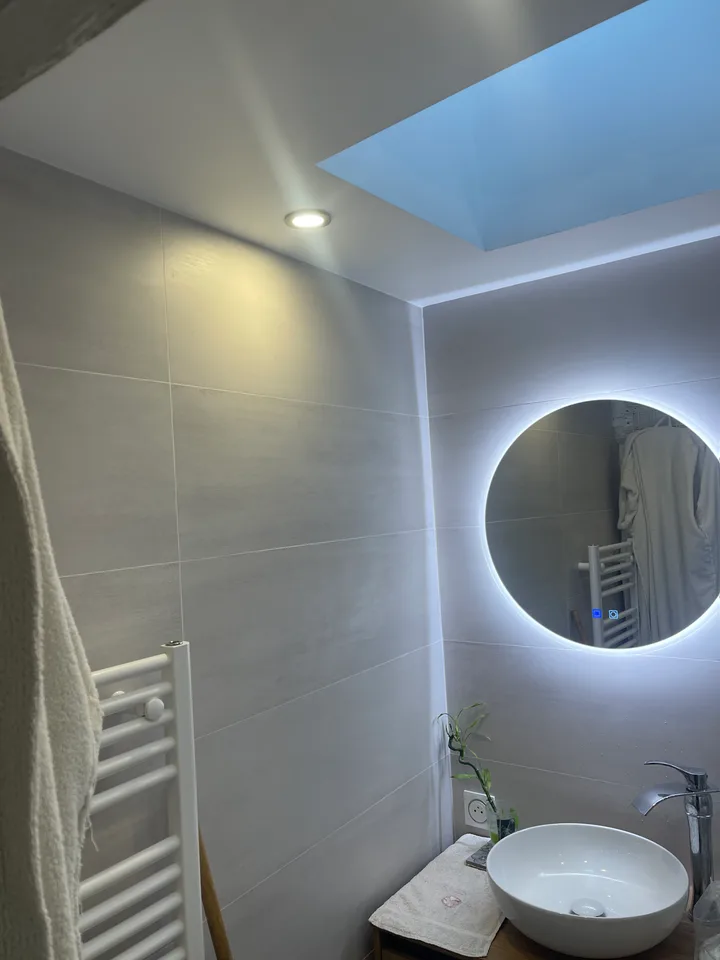 Vasque à poser et miroir rond rétroéclairé